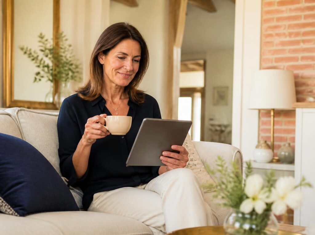 Femme consultant son épargne sur une tablette dans son salon